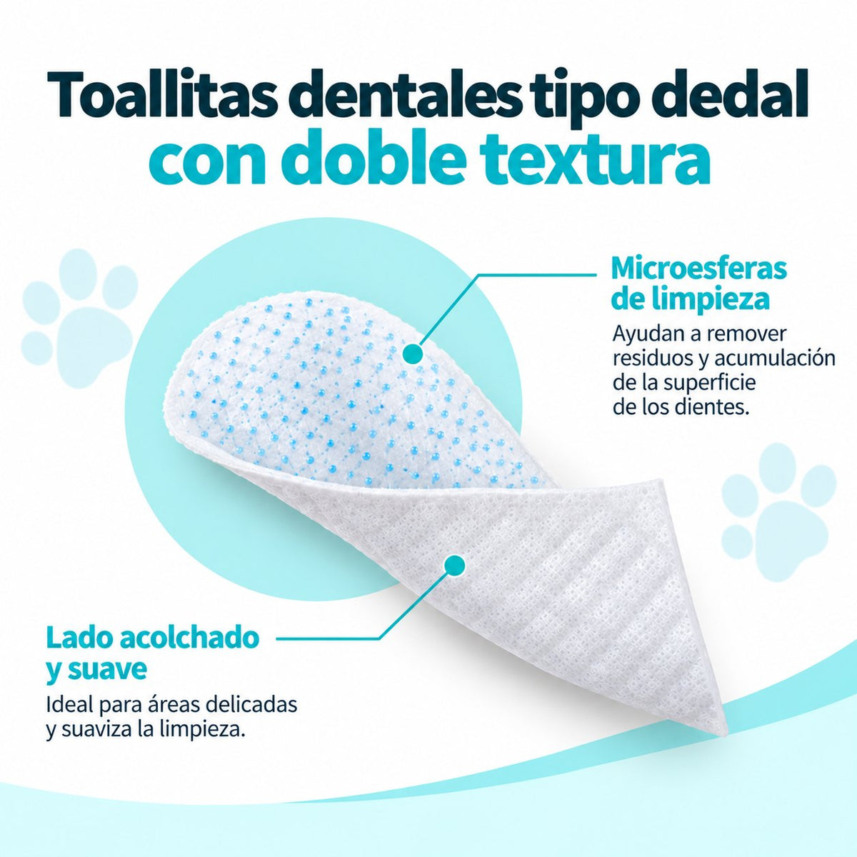 Toallita dental tipo dedal doblada mostrando sus dos caras: una con microesferas de limpieza y otra acolchada y suave