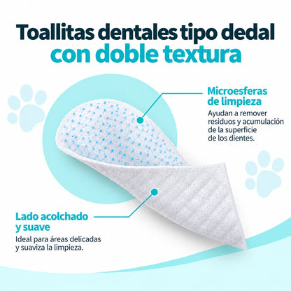 Toallita dental tipo dedal doblada mostrando sus dos caras: una con microesferas de limpieza y otra acolchada y suave