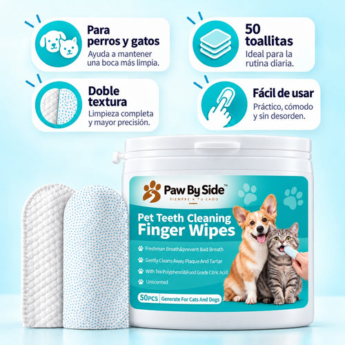Envase Paw By Side de 50 toallitas dentales tipo dedal junto a dos toallitas, con sus beneficios: para perros y gatos, doble textura y fácil de usar